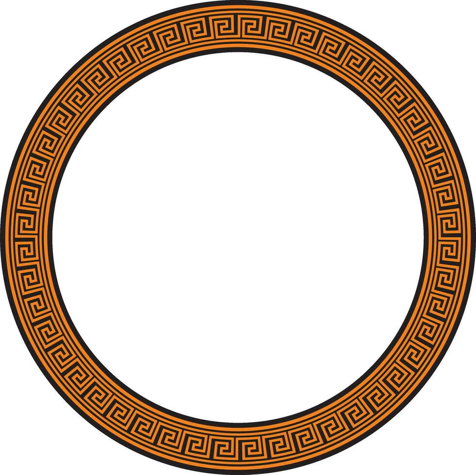 Vector round orange and black Greek frame. Classic meander ornament. Border Ancient Greece, Roman Empire..