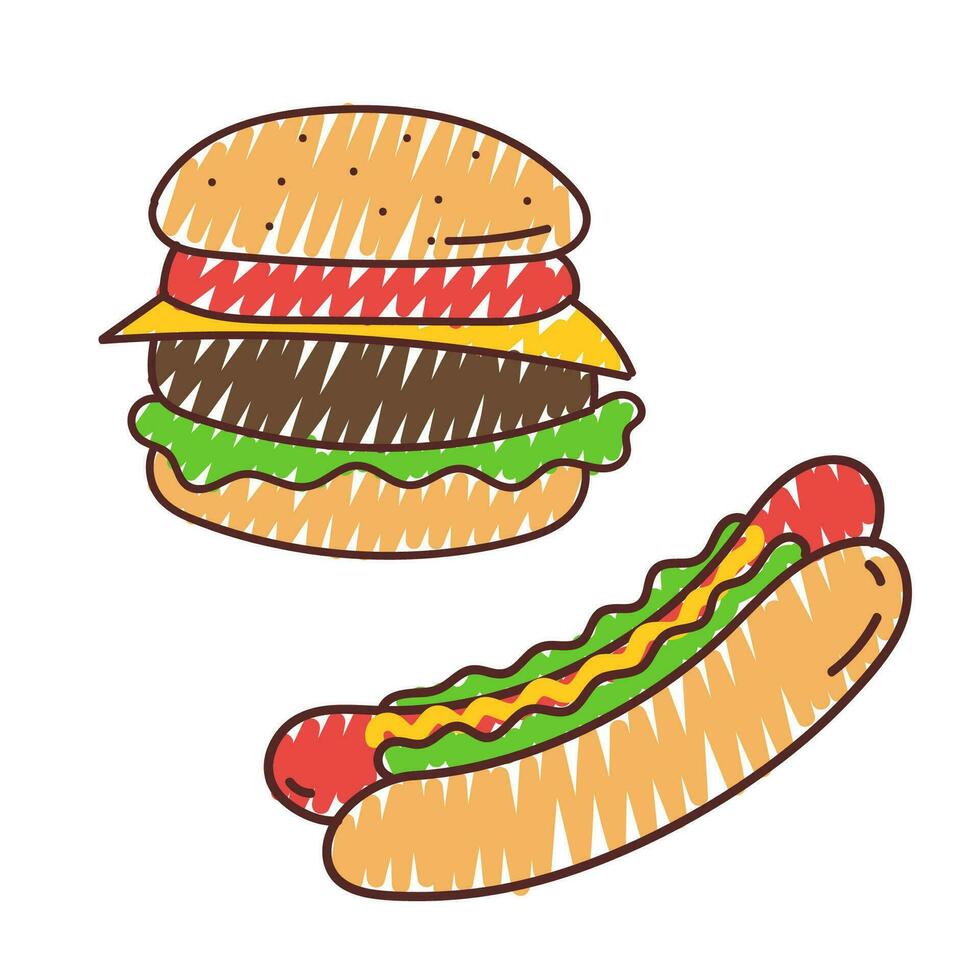 Fast food burger and hot dog. Vector illustration