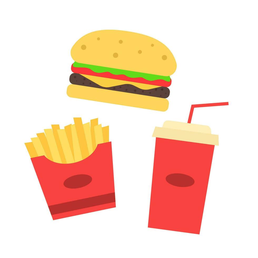 rápido alimento, hamburguesa, soda, beber, francés papas fritas vector plano diseño