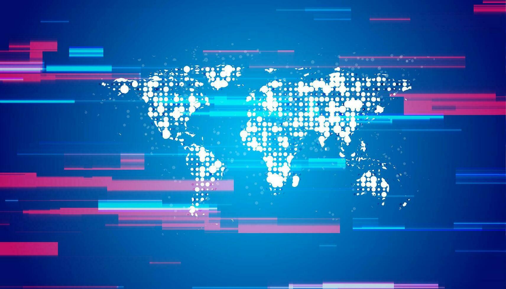 Abstract dotted world map and neon glitch lines sci-fi background vector