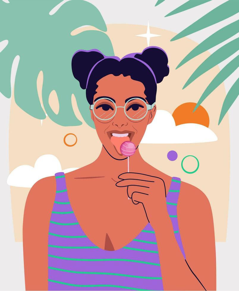 Funky young woman with lollipop. Colorful portrait of happy grrovy girl. vector