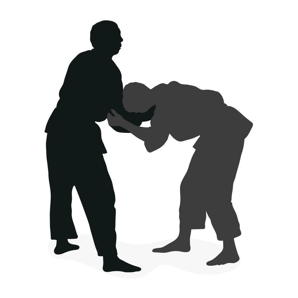 Image silhouette judoka. Judo, martial art, sportsmanship, wrestling, duel, grappling, combating, fighting, struggle vector