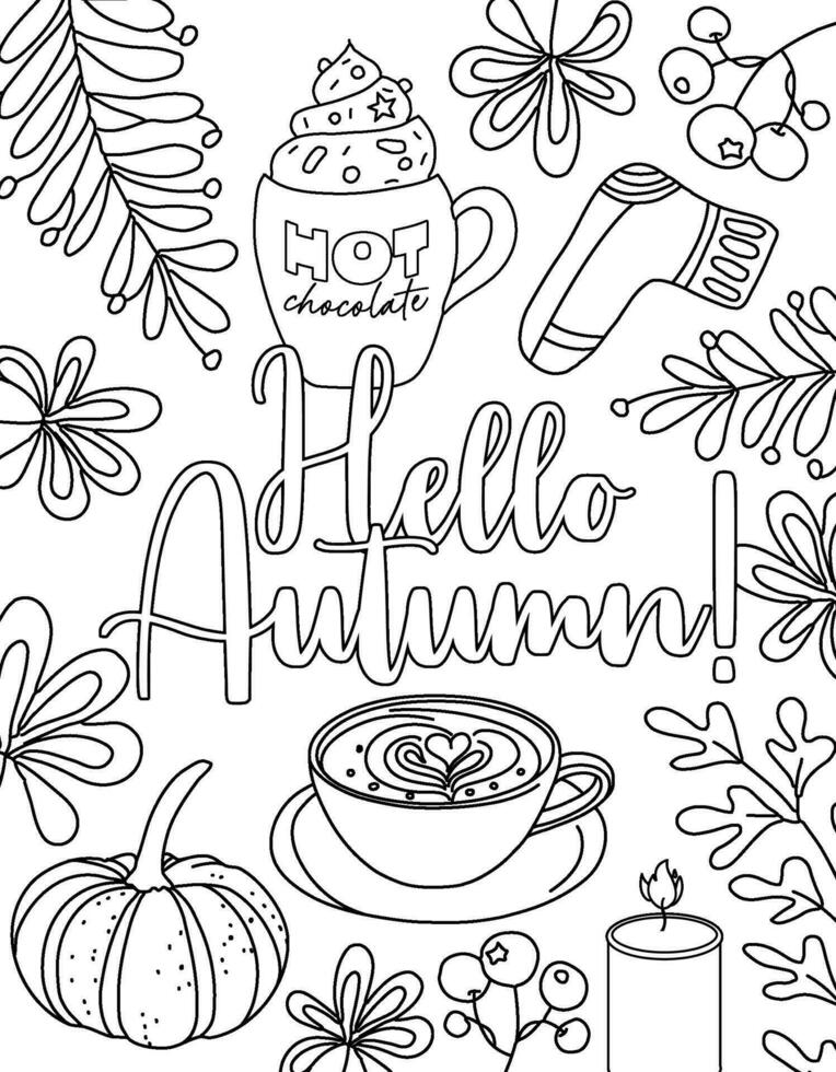 Autumn vibes. Fall season aesthetics. Tea, Pumpkin spice, rainy city. Hand drawing coloring page for kids and adults. Beautiful drawing with patterns and small details. Coloring book pictures. Vector