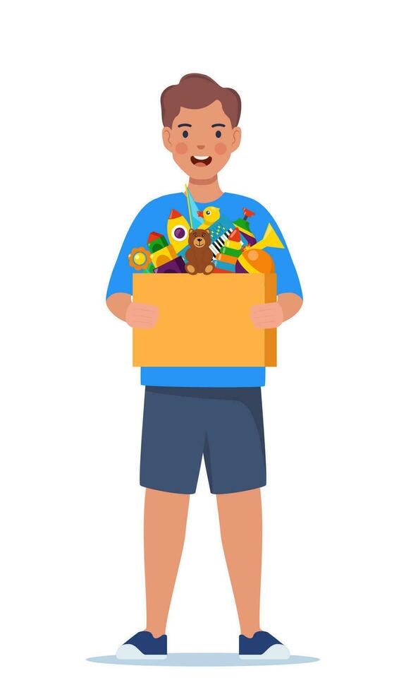 Happy boy kid holding toy box full of toys. Cubes, whirligig, duck, ball rattle, pyramid, pipe, bear, ball, rocket, tambourine, boat. Vector illustration.