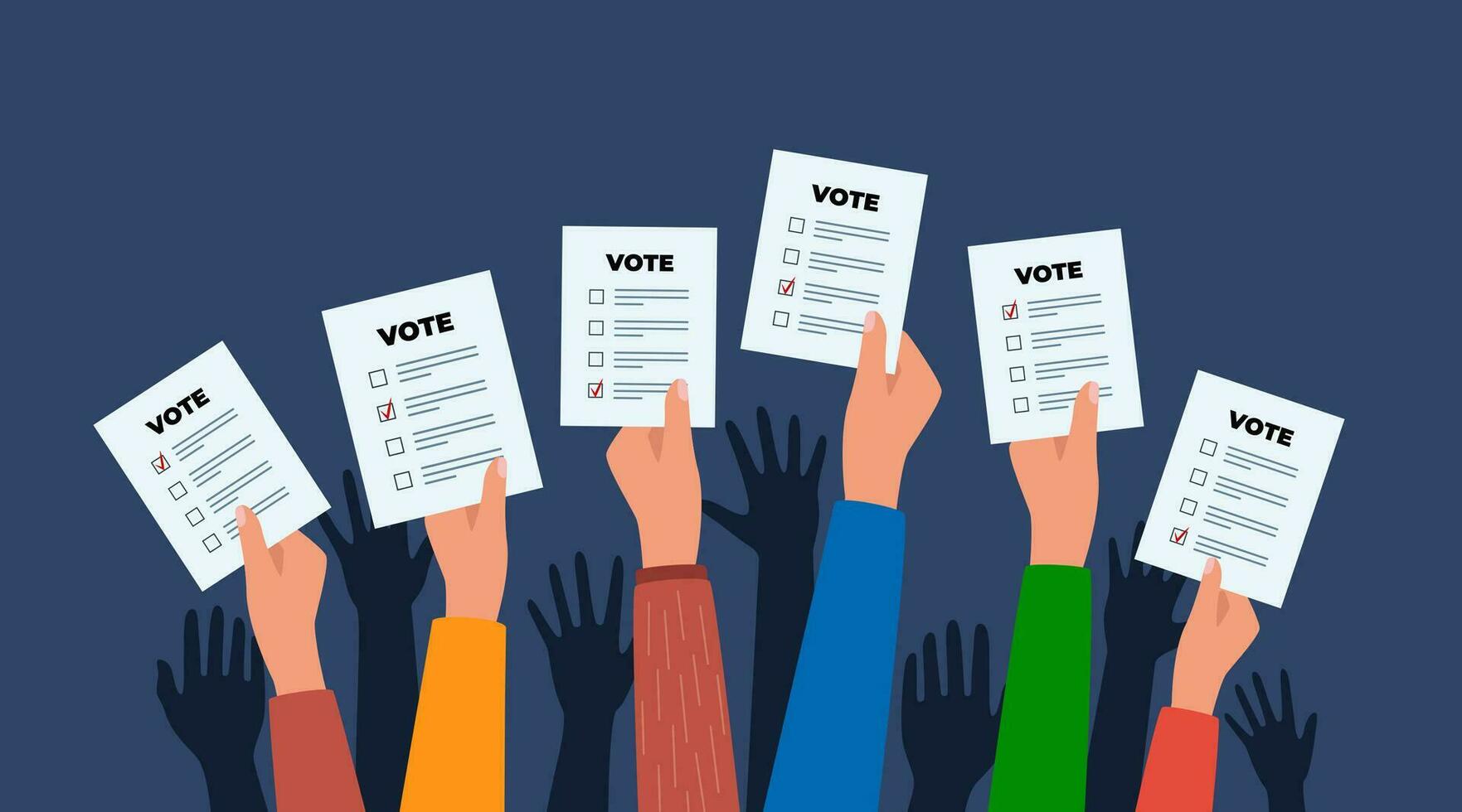 People's hands holding vote ballots. Voting and election concept. Vector illustration.