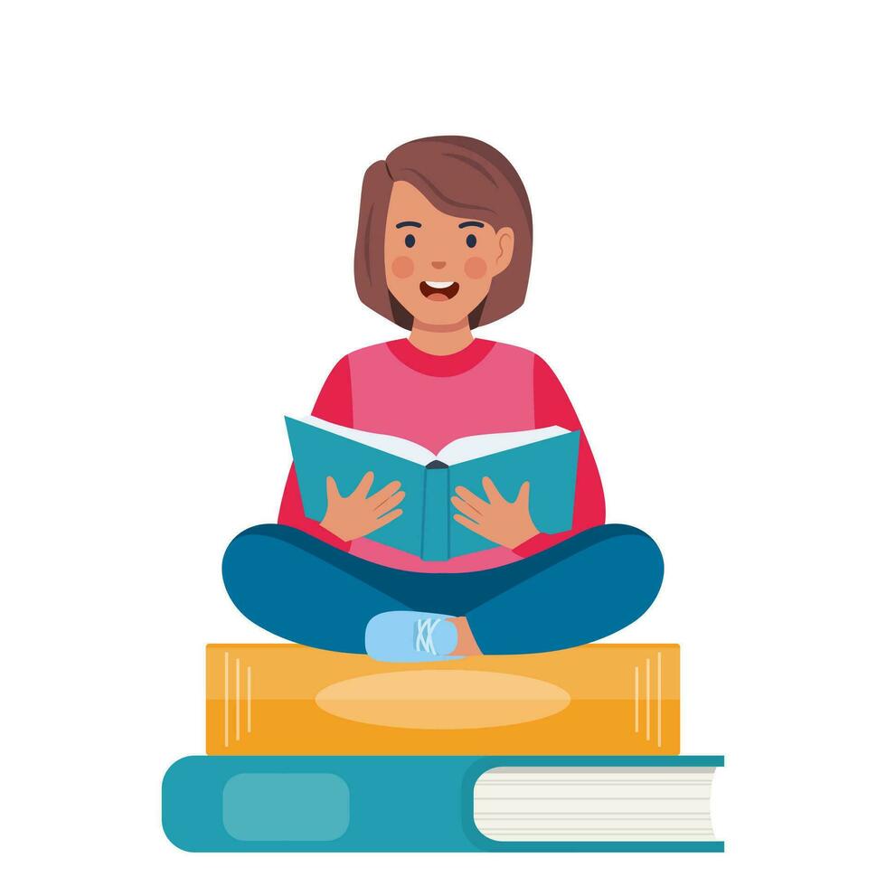 Girl sitting on the stack of books and reading book. Knowledge, creativity, discoveries. Educational banner. Back to school. Vector illustration.