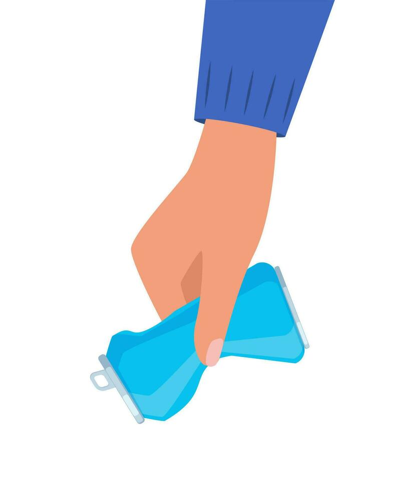 Hand holding crushed soda aluminum can. Hand throws broken can into trash can. Metalic waste. Trash sorting, recycling. Vector illustration.