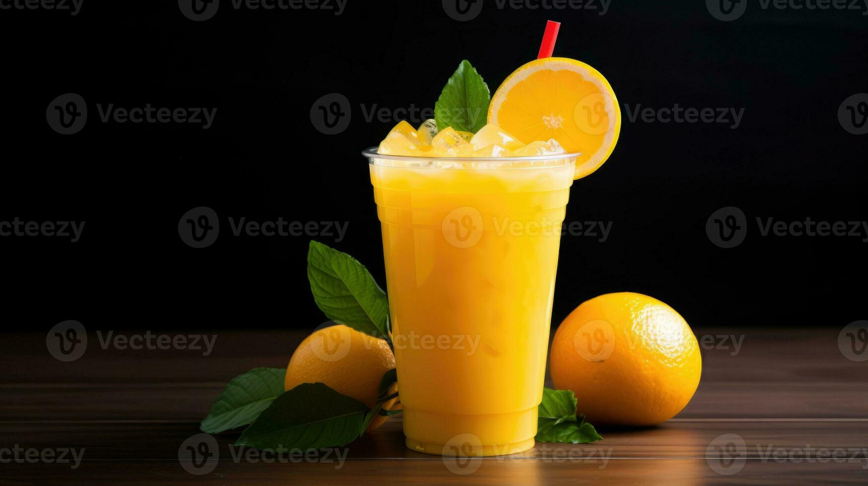 Orange Juice in cup. Plastic cup of orange drink natural juice or smoothies. photo