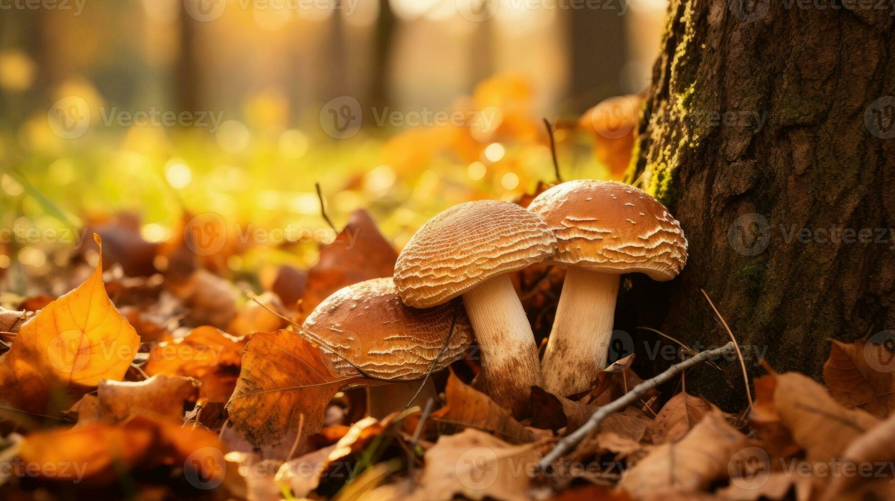 hongos en el bosque. de cerca foto de un seta debajo otoño hojas