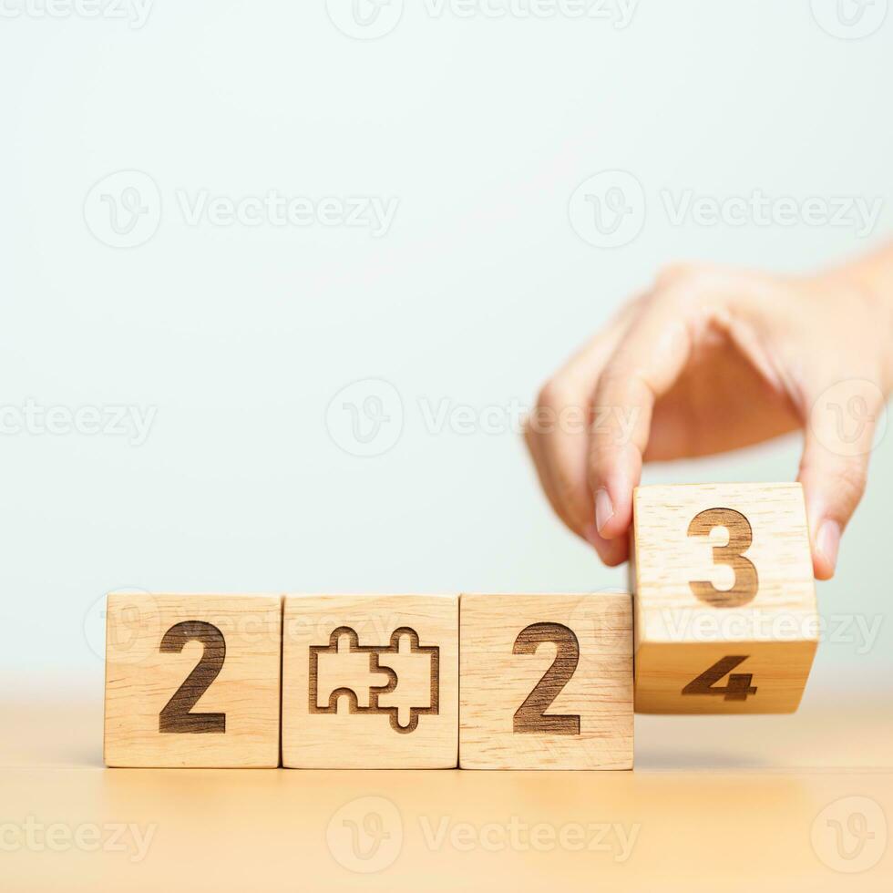 2024 block with jigsaw puzzle icon. Business Process, Team, teamwork, Goal, mission, Resolution, strategy, plan, Action, partnership, and New Year start photo