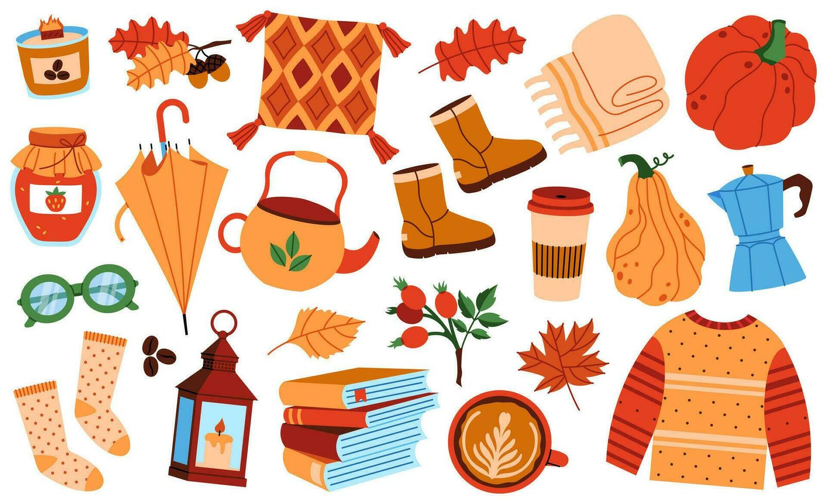 Set of cozy autumn elements. Pumpkins, umbrella, sweater, moka pot, candle, leaves, coffee, pillow, books, lantern, boots etc. Cute scrapbook collection of fall season elements. vector