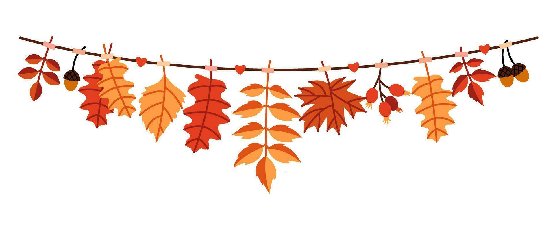 Autumn leaves, acorns and berries hanging on a string. Colorful fall seasonal garland. vector