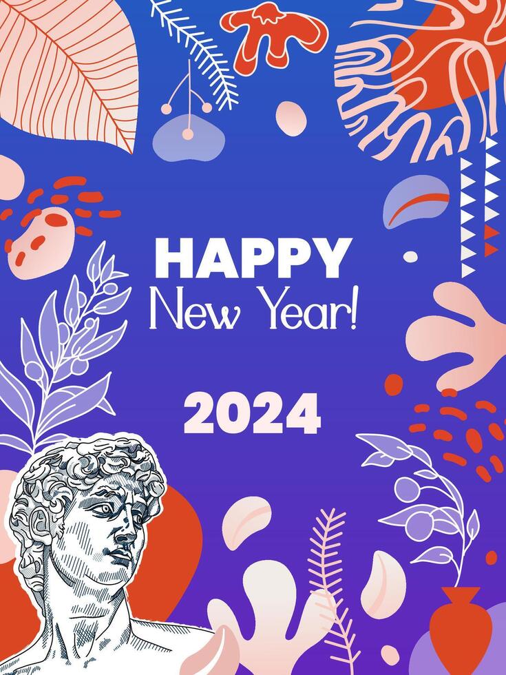 Happy new year. Creative cover or poster concept on abstract background. Roman and Greek vector illustration with modern geometric background. Posters for the exhibition, magazine cover or brochure.