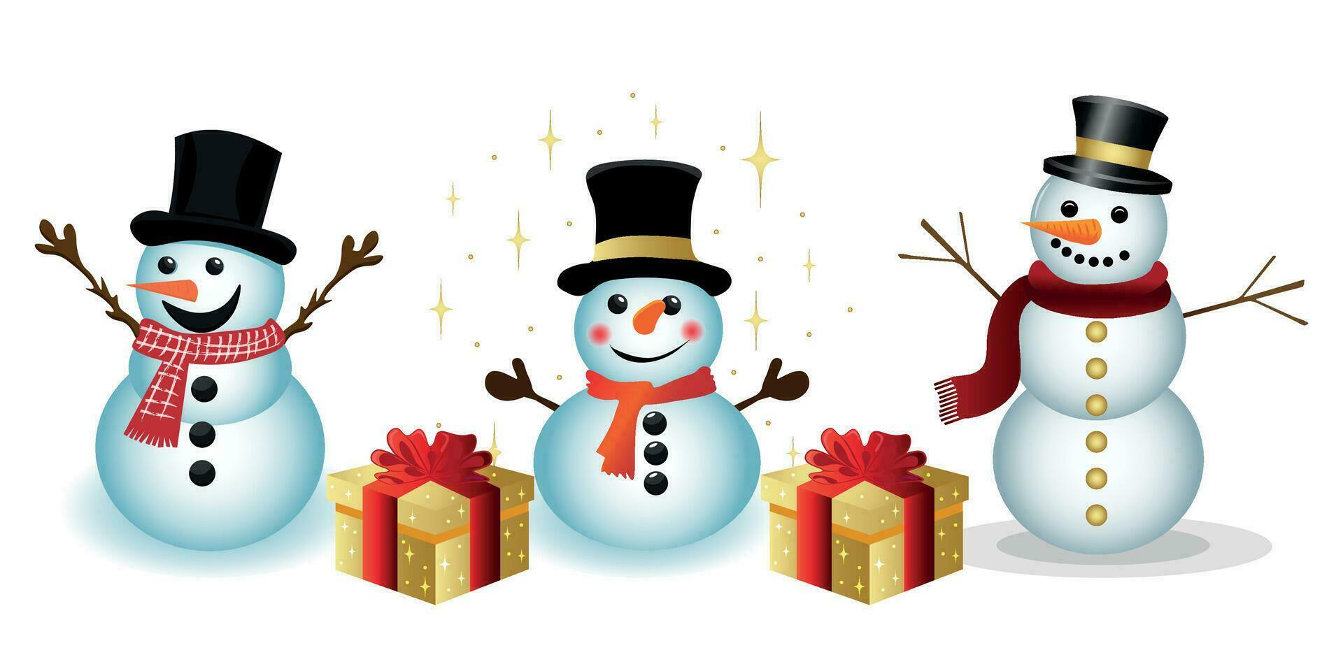 A set of snowmen with gifts isolated on a white background vector