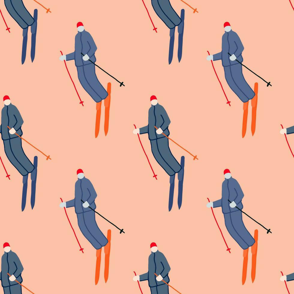 Skiers on the slope. Winter sports seamless pattern. vector