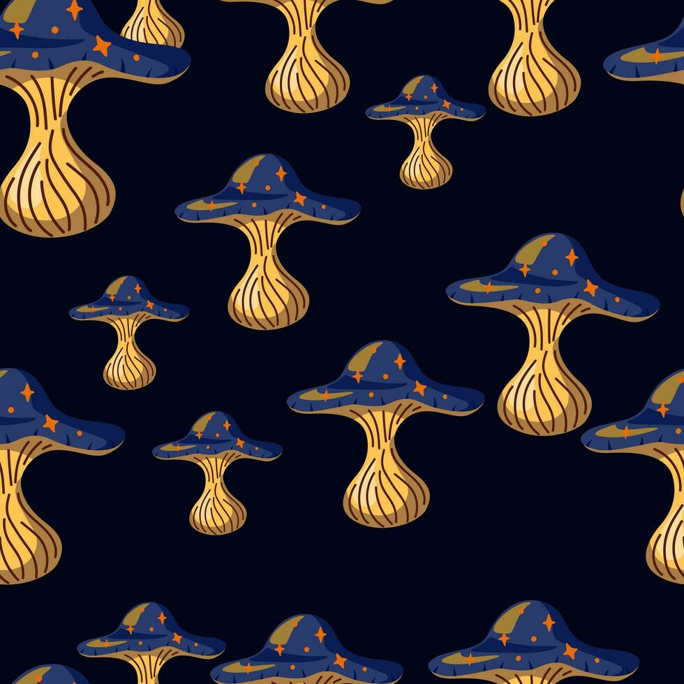 Hand drawn psychedelic mushrooms seamless pattern. Magical fly agaric wallpaper. vector