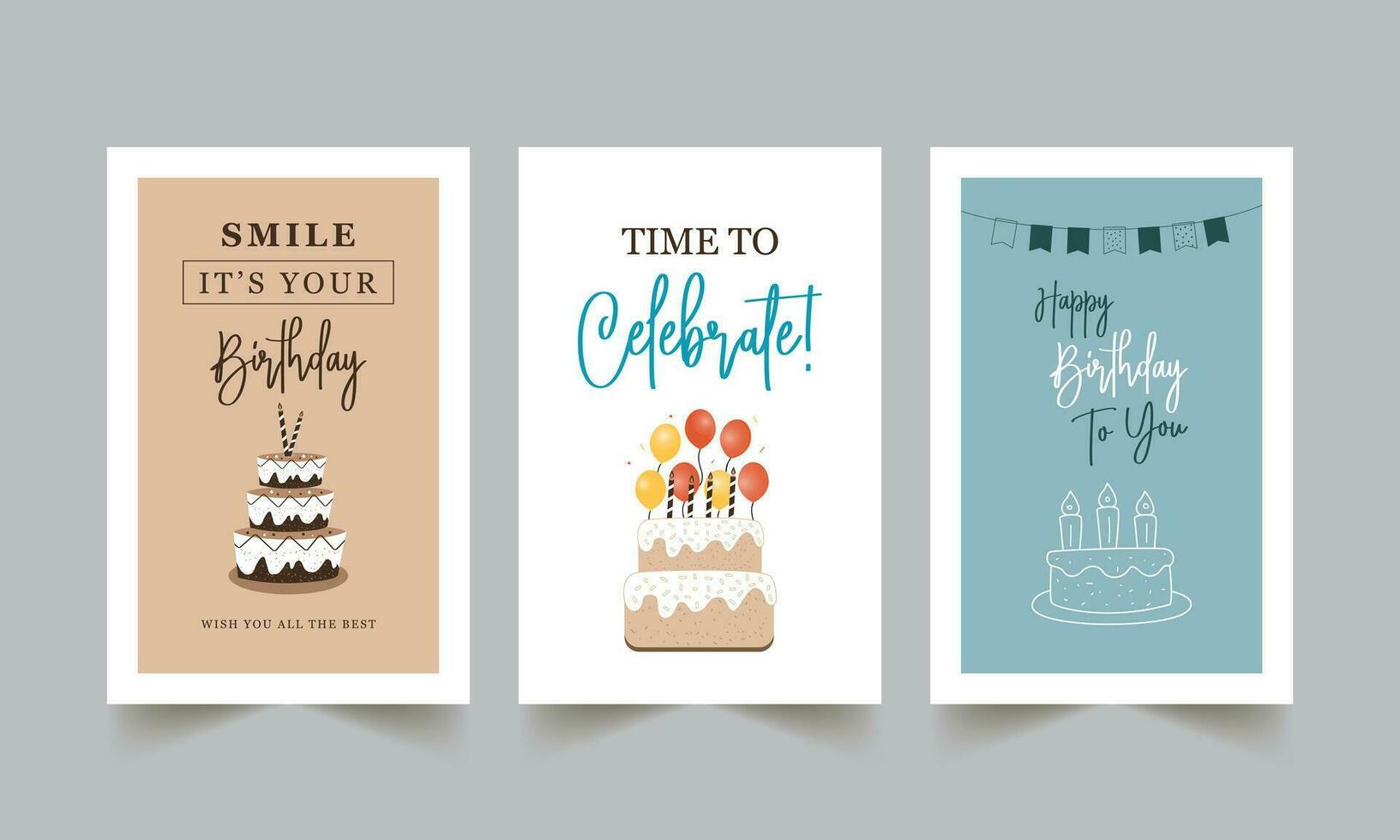Set of lovely birthday greeting cards and invitation cards with cake, balloons, and typography design vector