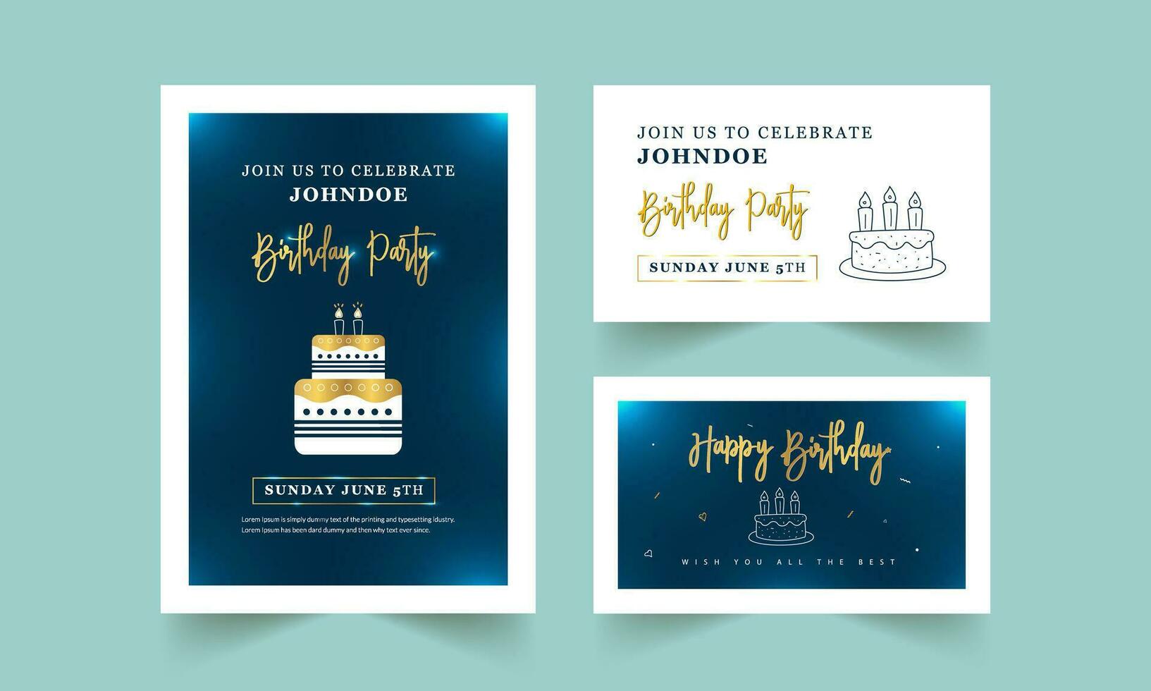 Set of happy birthday party invitation greeting card banner, poster design vector