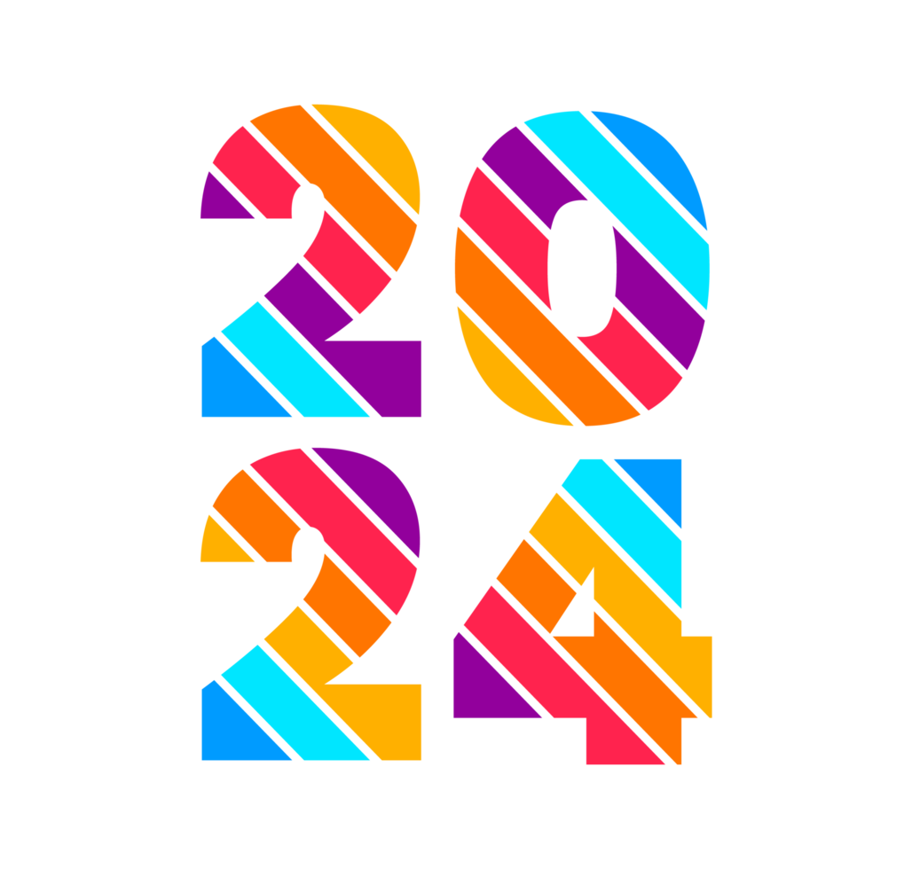 2024 Happy New Year colorful Text logo typography design concept. Xmas greetings with 2024 numbers in the form of colored stained glass. Art design template 2024. calligraphy Vector illustration. png