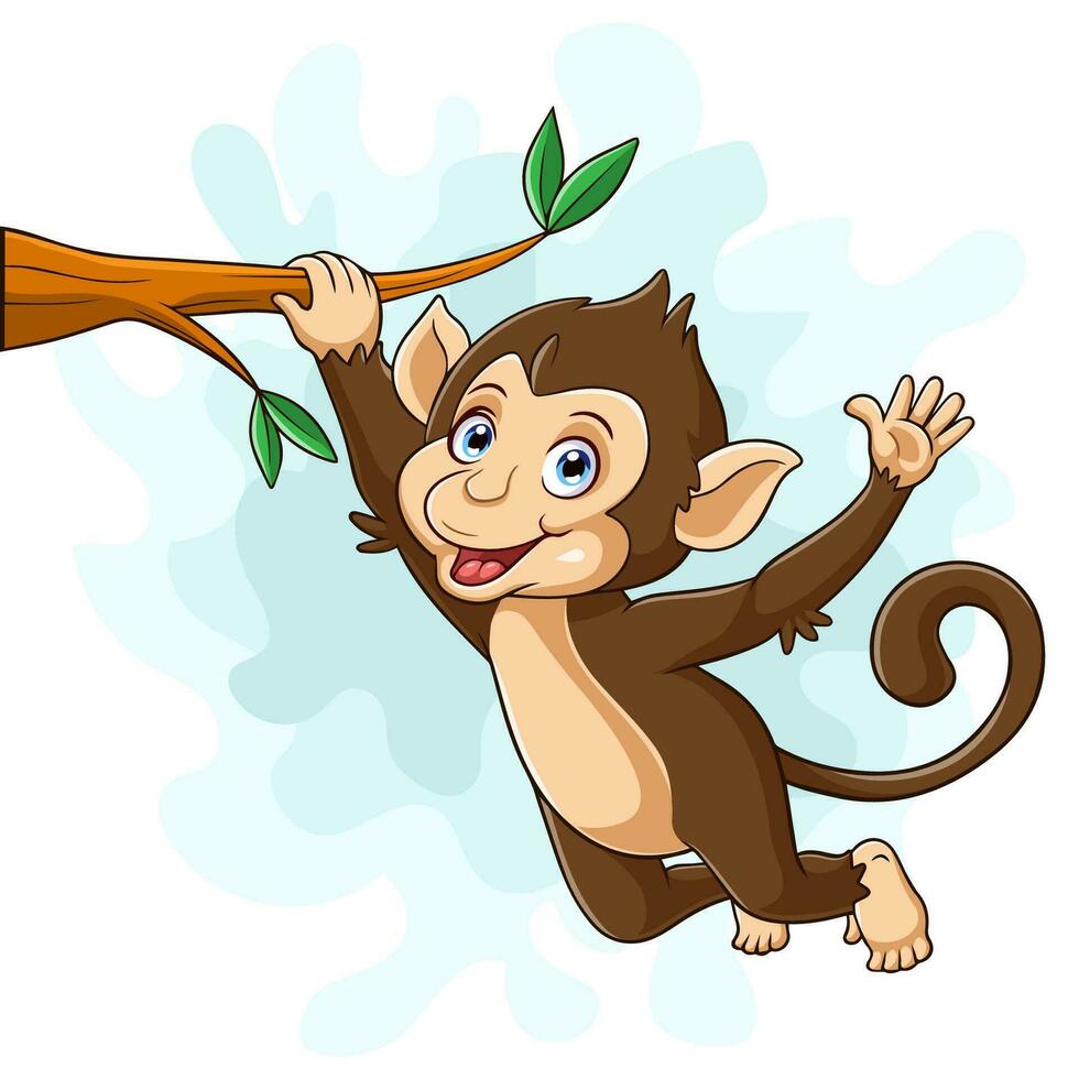 Cartoon monkey hanging in tree branch vector