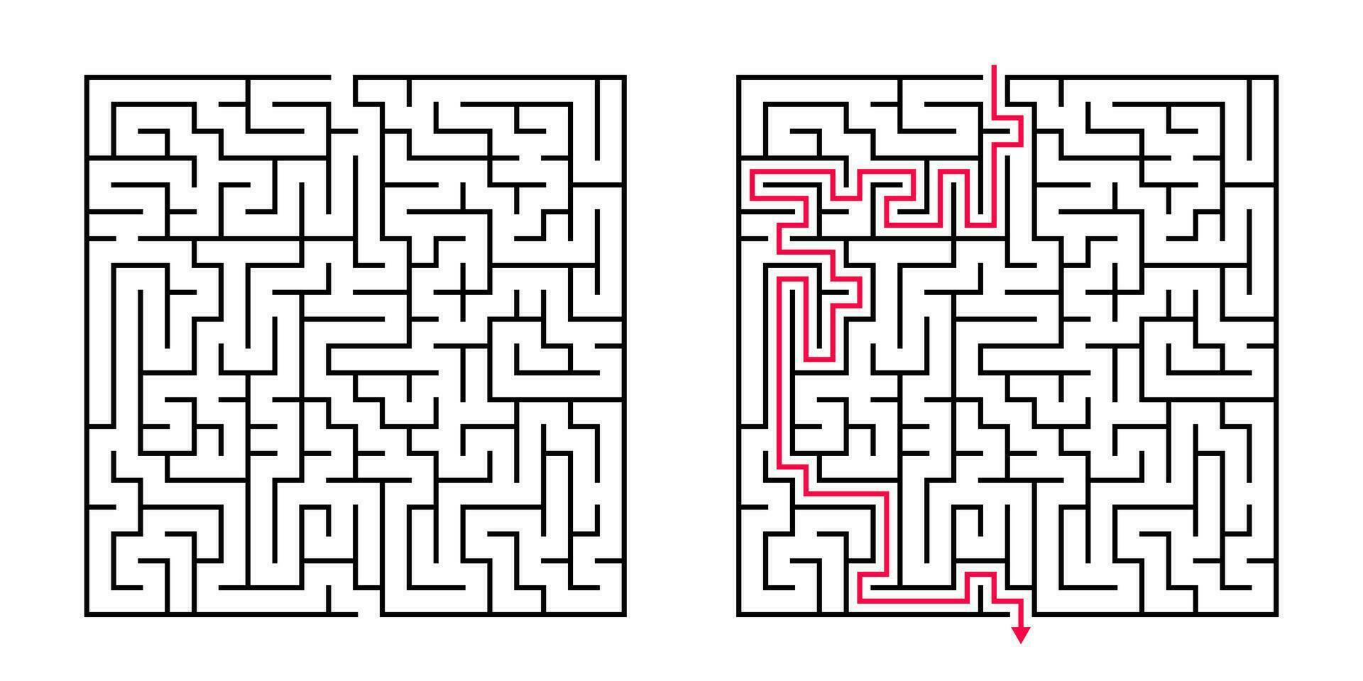 Vector Square Maze - Labyrinth with Included Solution in Black Red. Funny Educational Mind Game for Coordination, Problems Solving, Decision Making Skills Test.