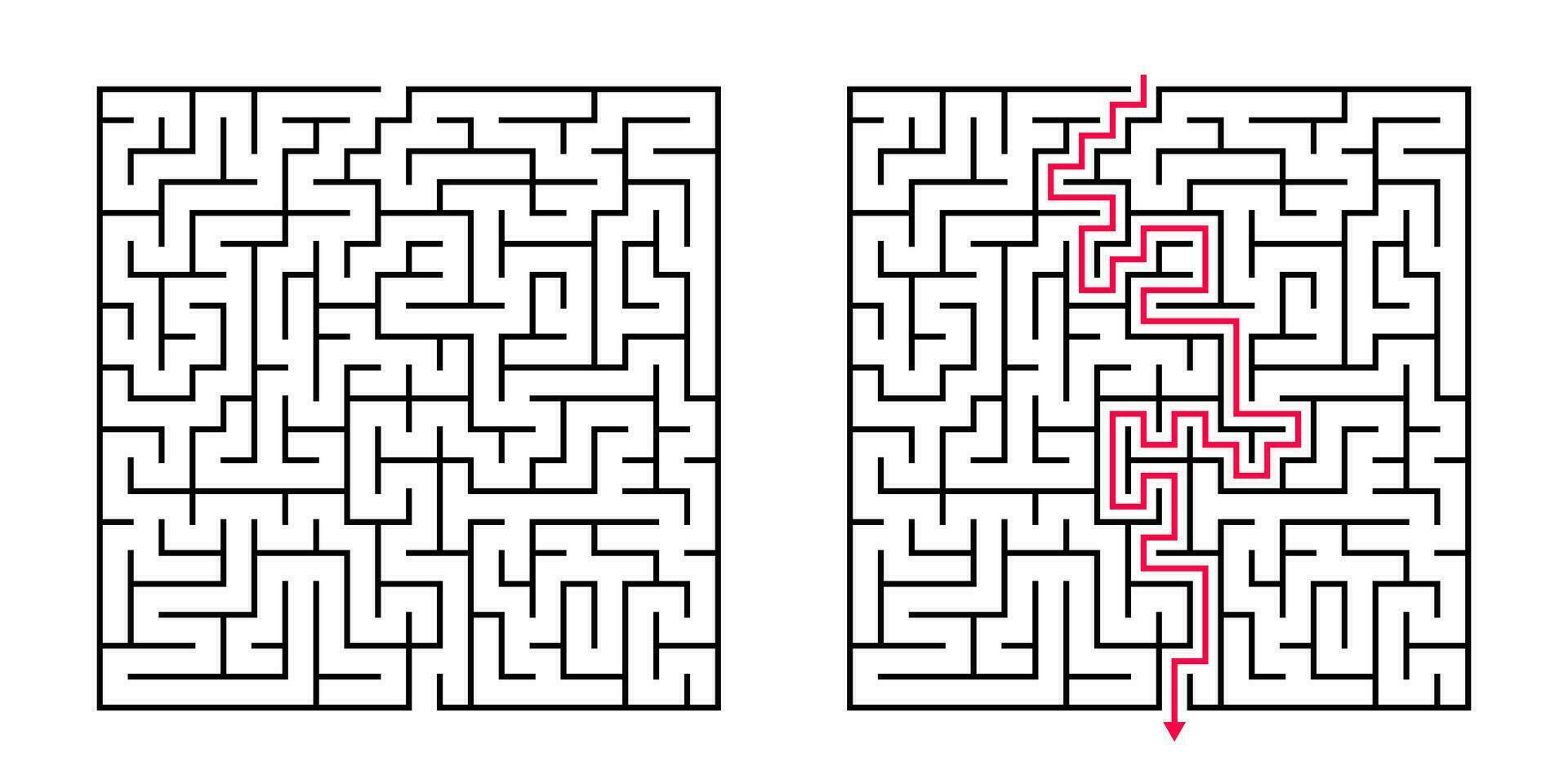 Vector Square Maze - Labyrinth with Included Solution in Black Red. Funny Educational Mind Game for Coordination, Problems Solving, Decision Making Skills Test.