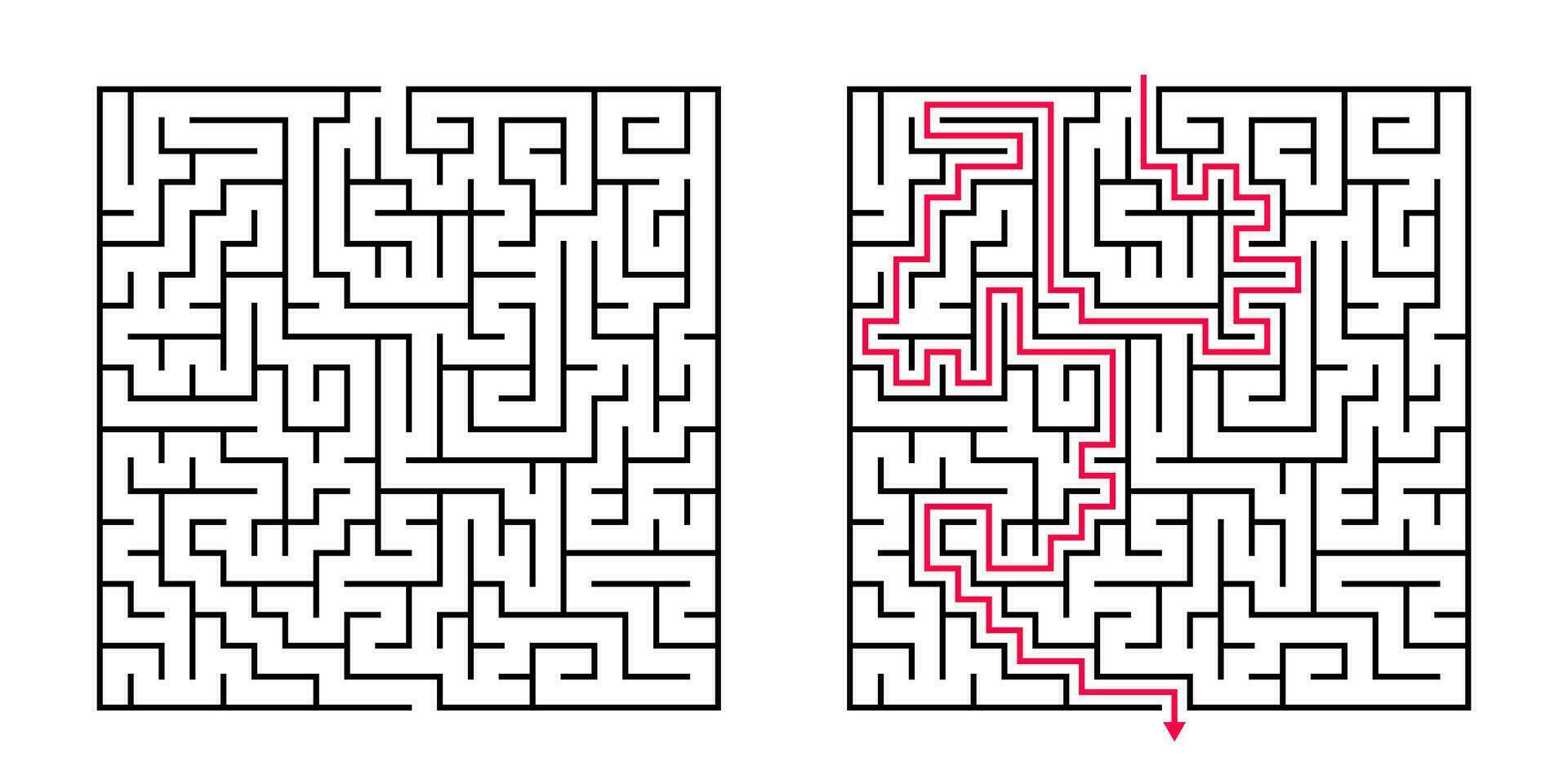 Vector Square Maze - Labyrinth with Included Solution in Black Red. Funny Educational Mind Game for Coordination, Problems Solving, Decision Making Skills Test.