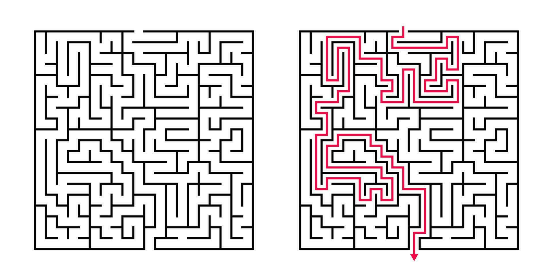 vector cuadrado laberinto - laberinto con incluido solución en negro rojo. gracioso educativo mente juego para coordinación, problemas resolviendo, decisión haciendo habilidades prueba.