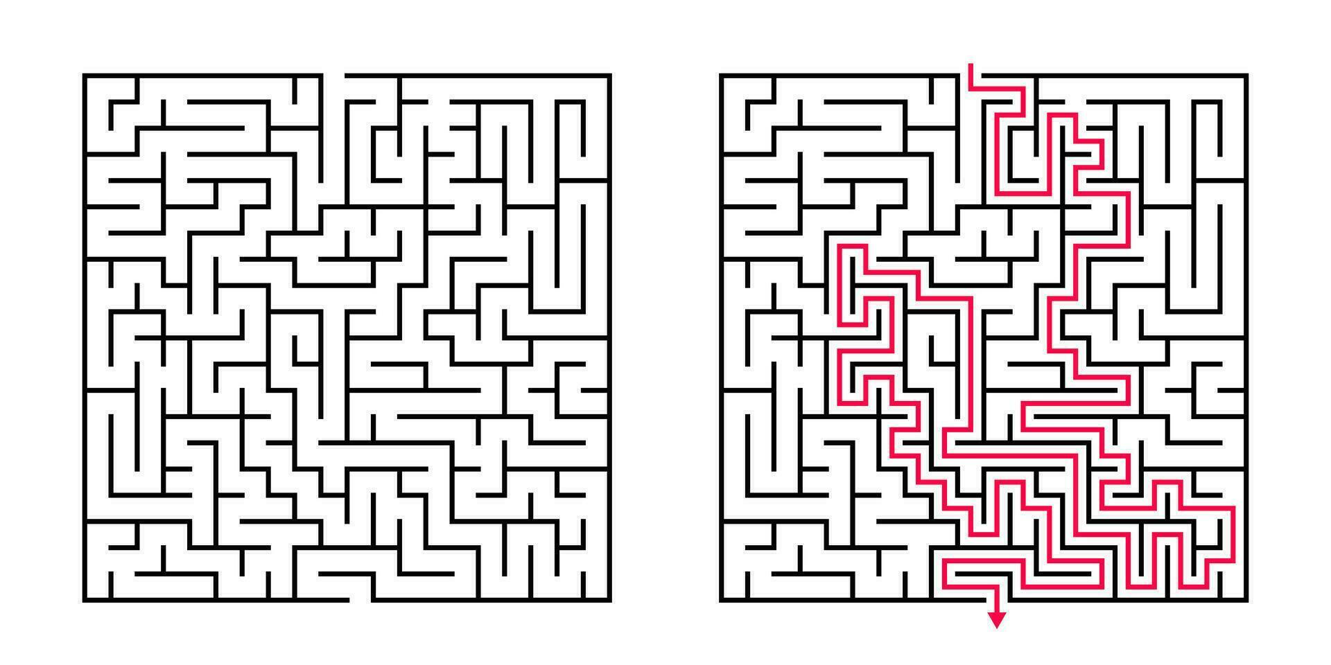 Vector Square Maze Labyrinth with Included Solution in Black Red