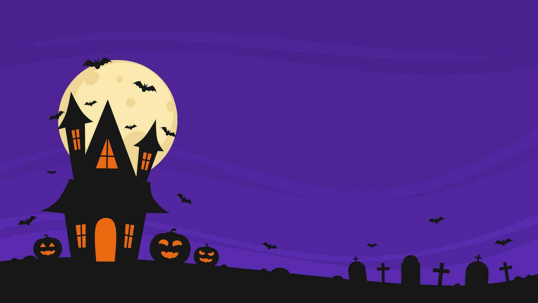 Víspera de Todos los Santos obsesionado casa plano vector ilustración con cementerio, murciélagos, calabaza, y Luna con de miedo atmósfera en púrpura antecedentes