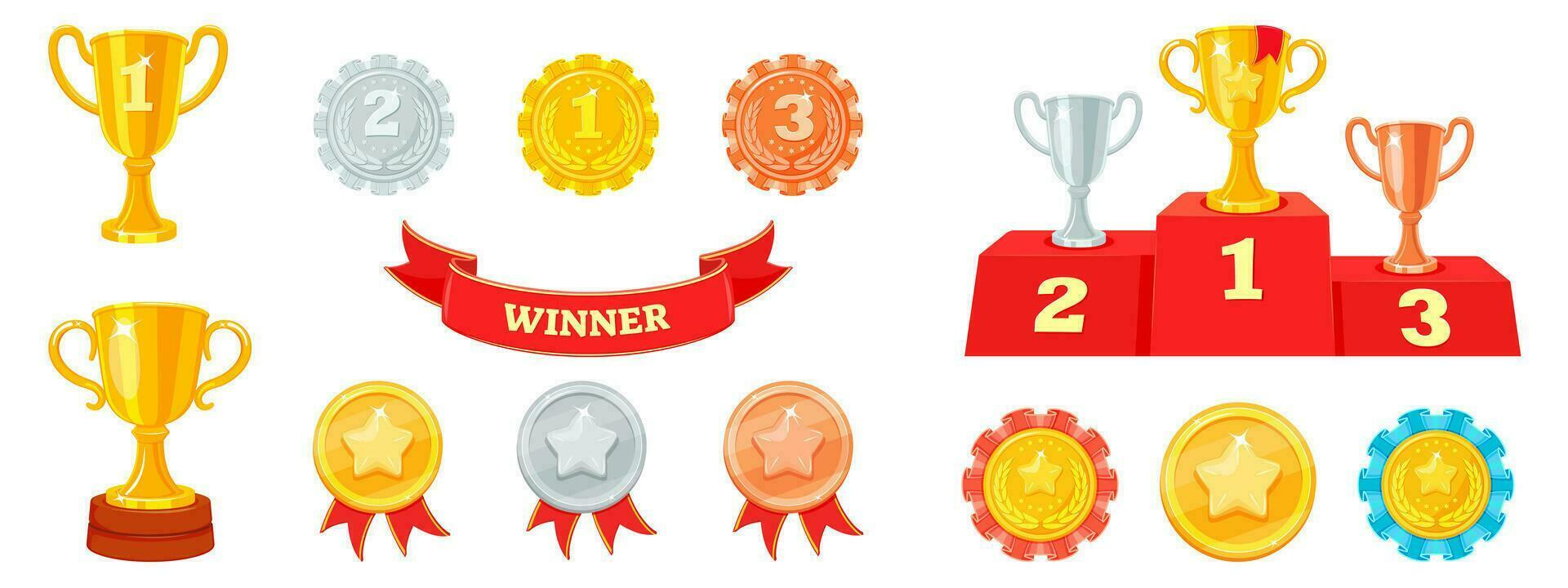 Set of winner awards. Vector illustration of cup, medal, podium for awarding. Gold, silver and bronze champion trophies