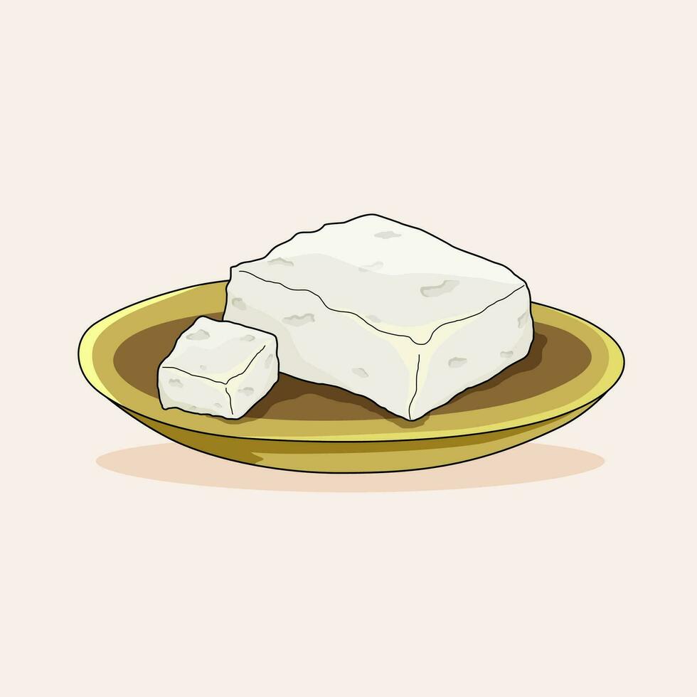 Plate of feta cheese. Vector illustration