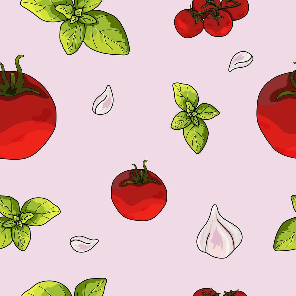 Seamless pattern with colored vegetables on the background. Tomato, cherry, basil, garlic, clove. Vector illustration