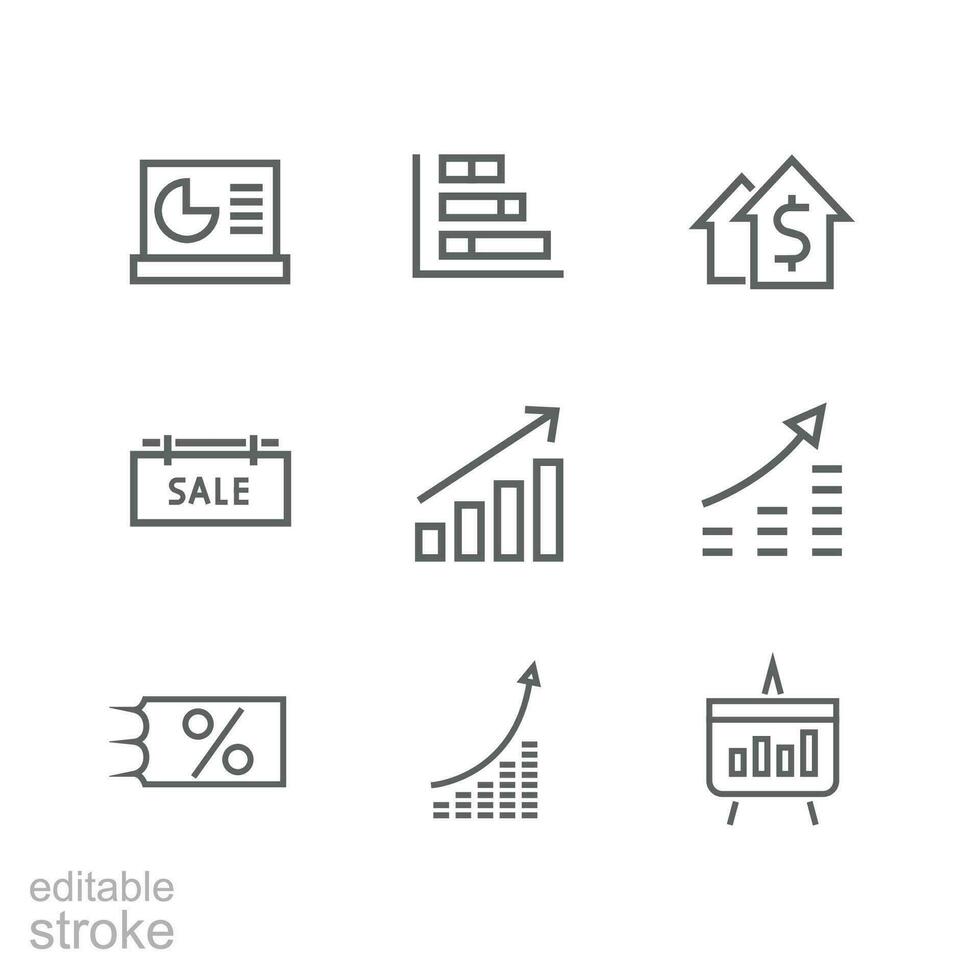 rebaja icono contorno colocar. ventas márketing incluir dinero crecimiento, grafico aumentar, boleto en venta, rebaja etiqueta, cuadro. tráfico gestión. editable carrera vector ilustración diseño en blanco antecedentes. eps 10