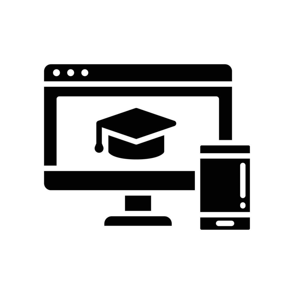 en línea educación plataforma glifo icono. virtual aprendizaje concepto, graduación gorra en ordenador portátil mostrar. móvil aprendiendo. hogar educación. vector ilustración diseño en blanco antecedentes. eps 10
