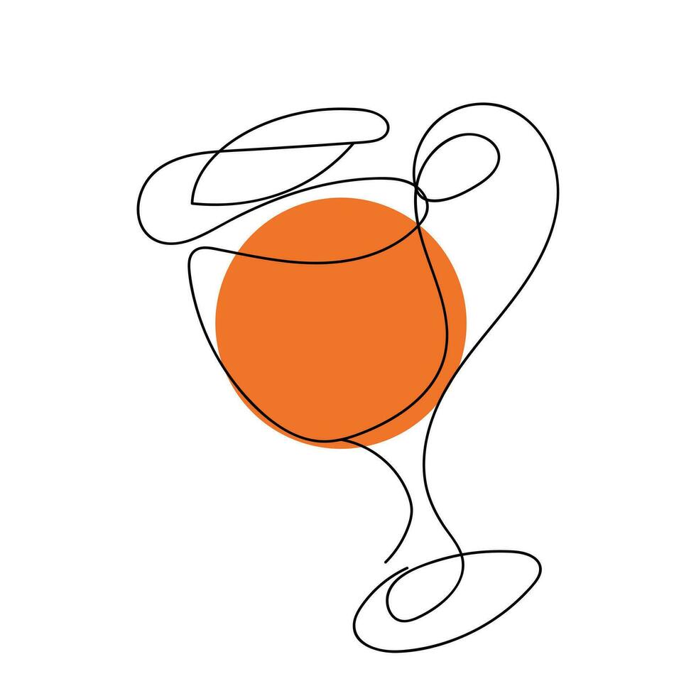 Continuous one line drawing of glass with orange drink. Alcohol, tropical cocktail, wine, fruit juice. Vector isolated on white. Minimalism. Print, restaurant, menu, bar, cafe, brochure, food blog