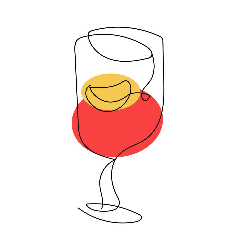 continuo uno línea dibujo de vaso con rojo bebida y rebanada de naranja. alcohol, cóctel, vino, Fruta jugo. vector aislado en blanco. minimalismo imprimir, restaurante, menú, bar, cafetería, folleto