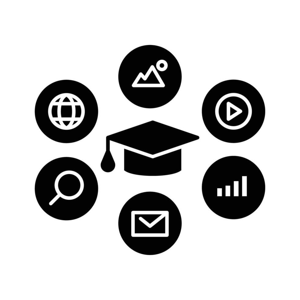 Digital classroom glyph icon. Educational resources for online learning course, distance education, Graduation cap, e-learning web solid pictogram. Vector illustration design on white background EPS10