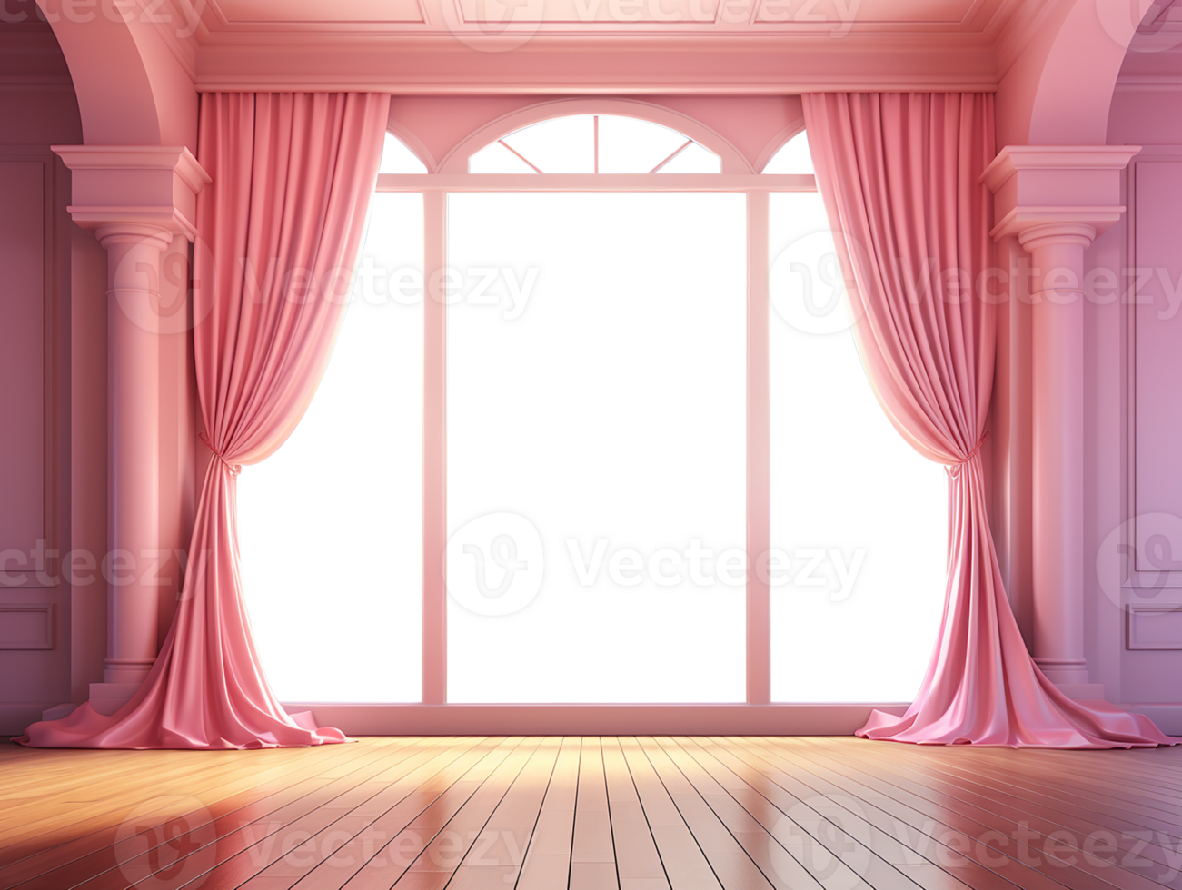 AI generative Pink room with wooden floor and pink curtain, and have a window transparent for seeing to outside, png