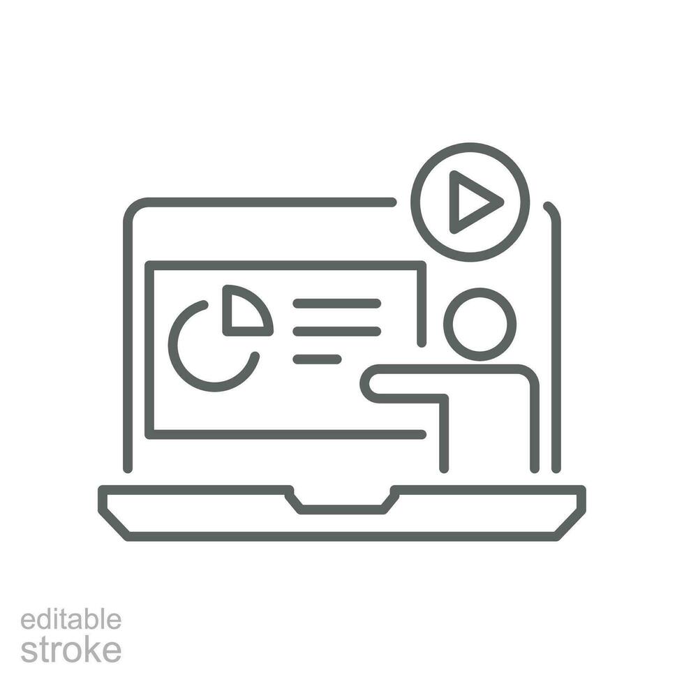 Online workshop line icon. Internet Tutorials, virtual education training in laptop of distanced meeting. online sales courses. Editable stroke. Vector illustration. Design on white background. EPS 10