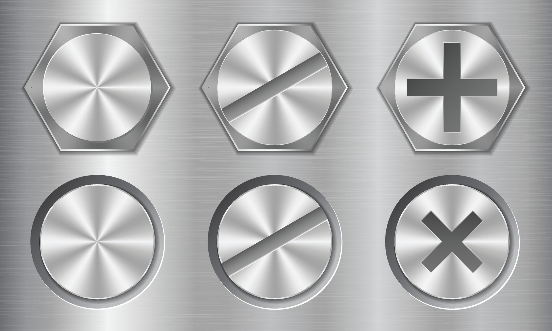 Set of metal bolt heads. Screw and bolt heads top view. Steel metal