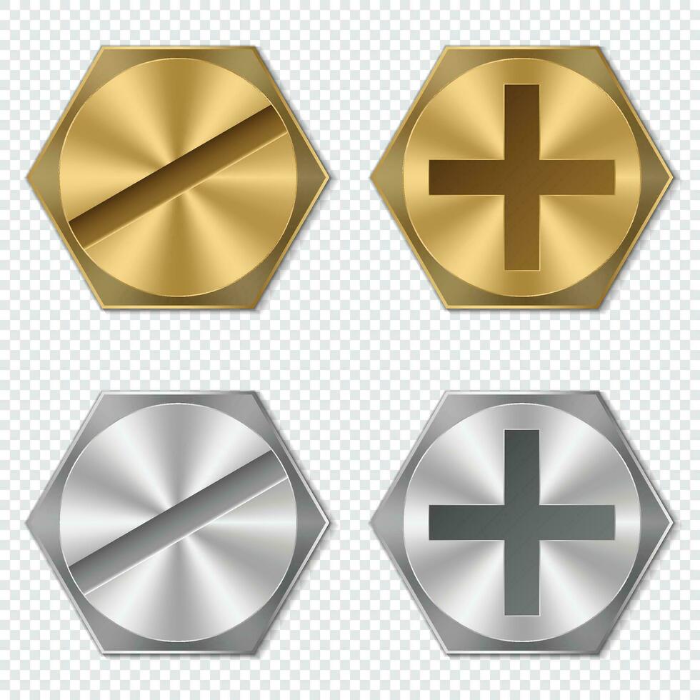 Realistic bolt heads. Golden and silver bolt heads. Gold and metal screw. Metallic hardware elements. Vector illustration