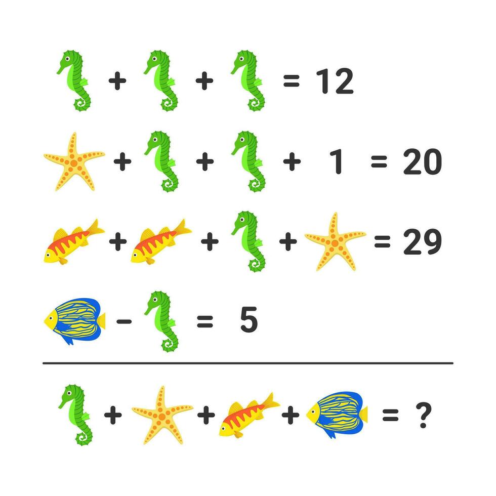 Vector illustration. Math game worksheet, with sea animals and fish. Vector riddle or counting game with cartoon fish, starfish and sea horse.