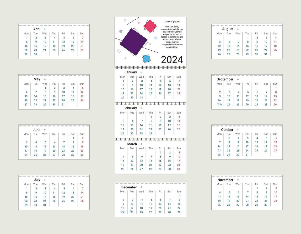 Vector illustration. Quarter. Calendar 2024. Week starts on Monday. Corporate calendar template for organizations