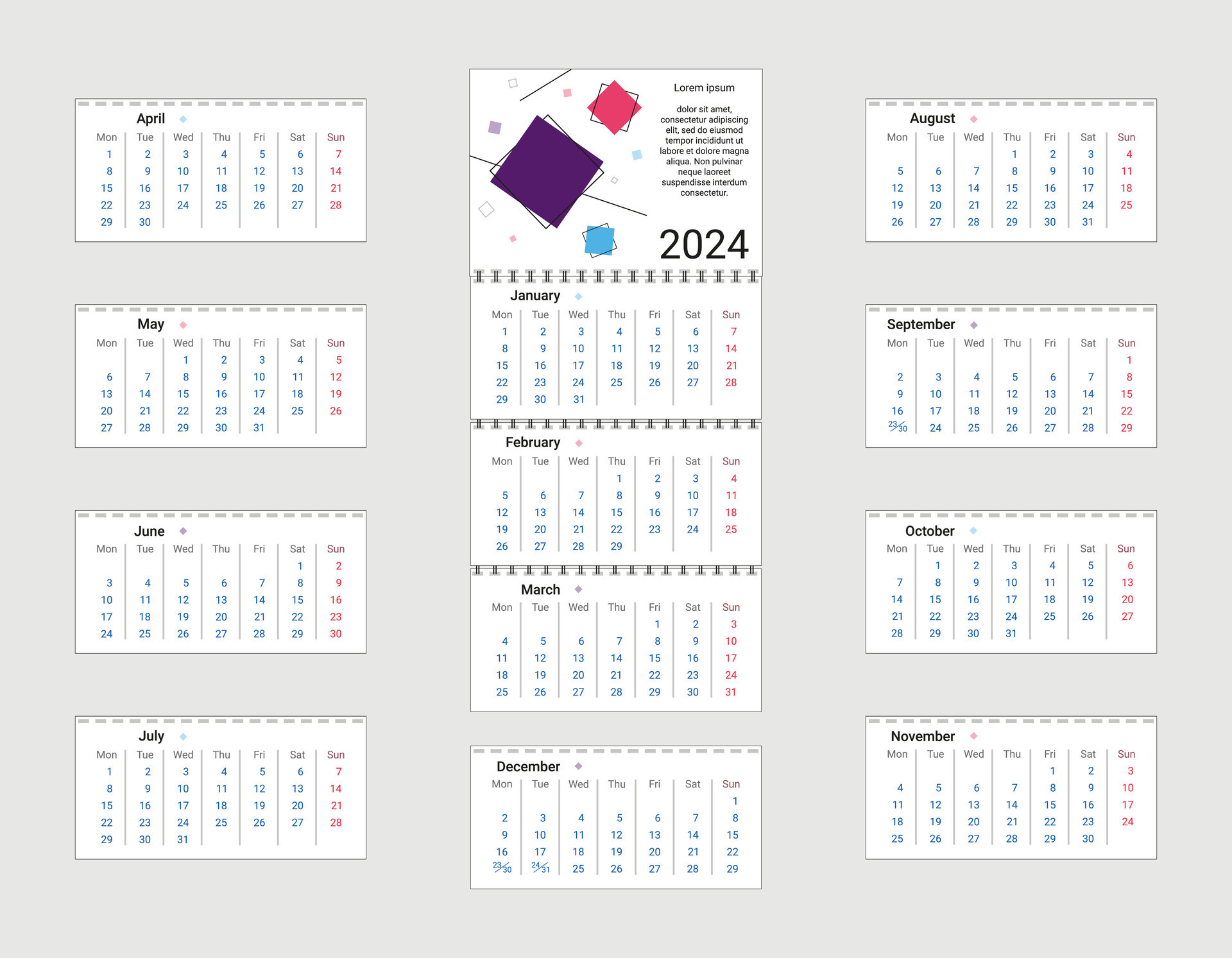 Vector illustration. Quarter. Calendar 2024. Week starts on Monday