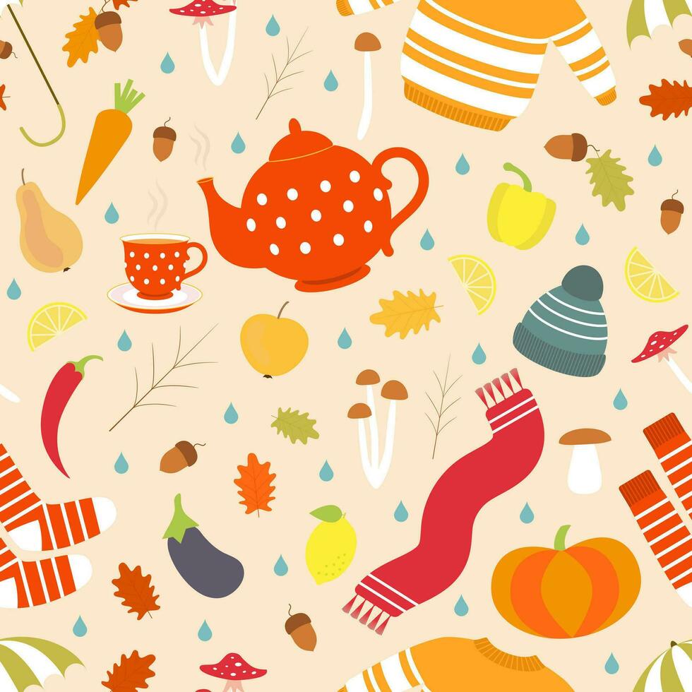 Vector seamless pattern. Cozy hand drawn autumn pictures of seasonal clothing, food and drink, decor. Can be used for wrapping paper, bed linen, notepads, bags, gift paper.