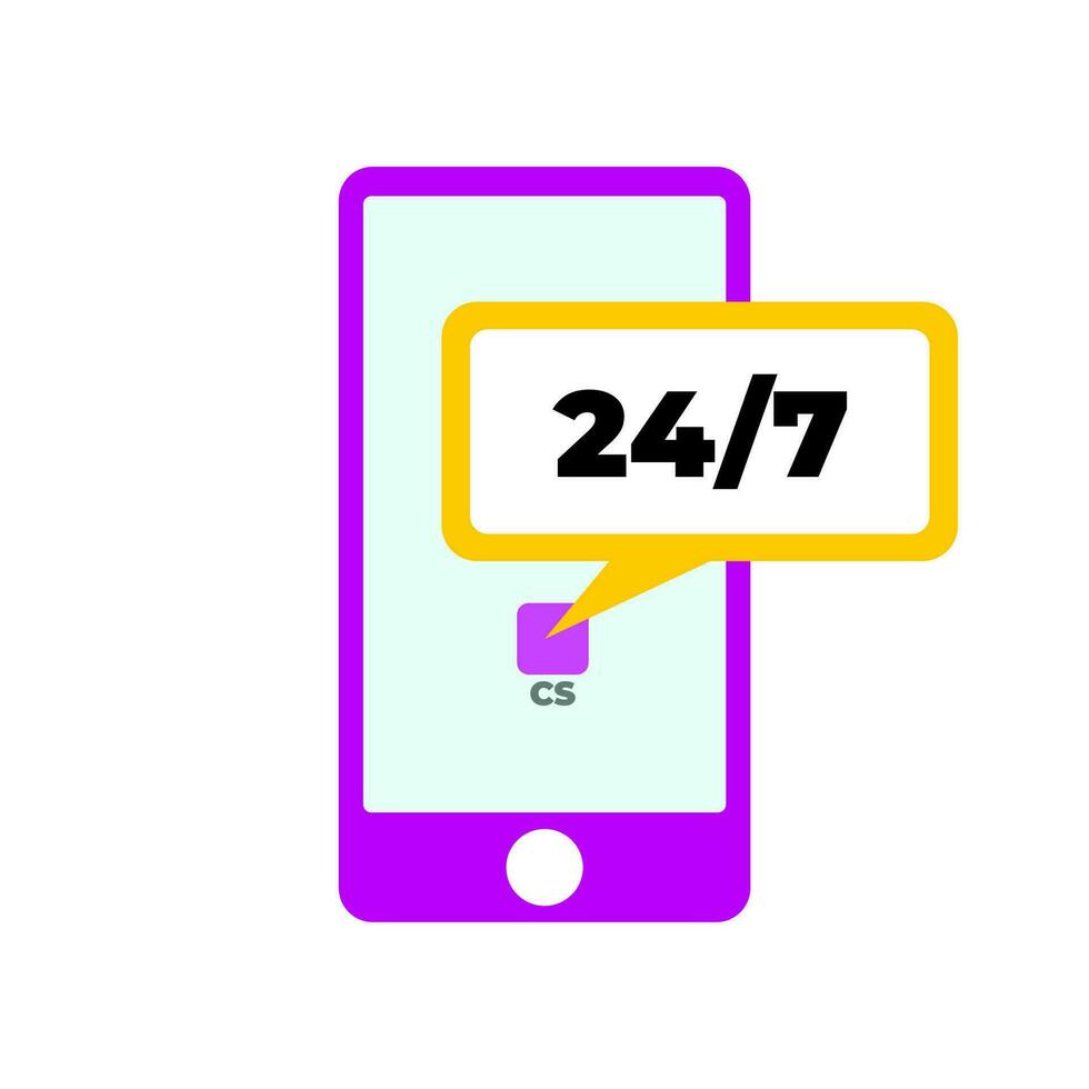 Mobile phone flat design illustration and bubble text depicting CS ready at any time vector