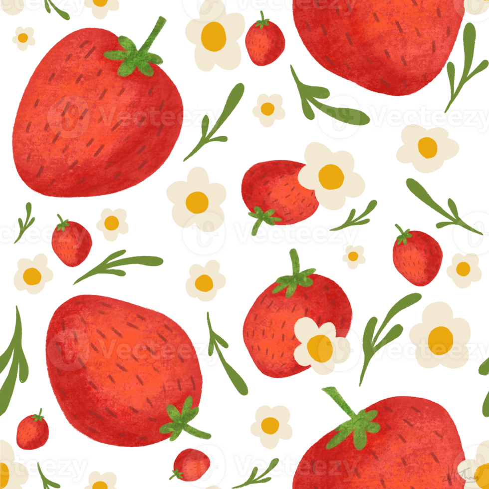 Seamless pattern handdrawns of Strawberry, daisy flower and leaf on  pastel backgrounds. Strawberry wallpaper, cute design for for paper card, cover, fabric, interior decor and other use png