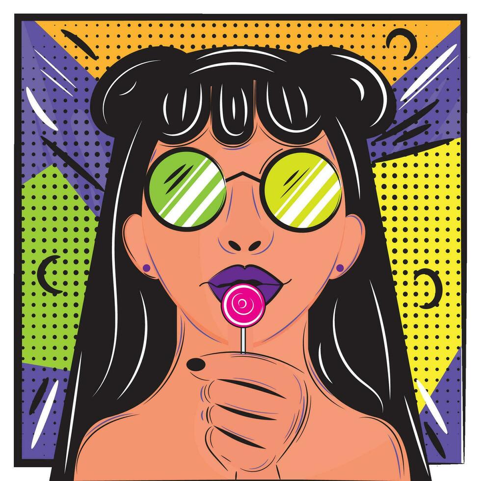 Retro woman character eating lollipop Comic page Vector illustration