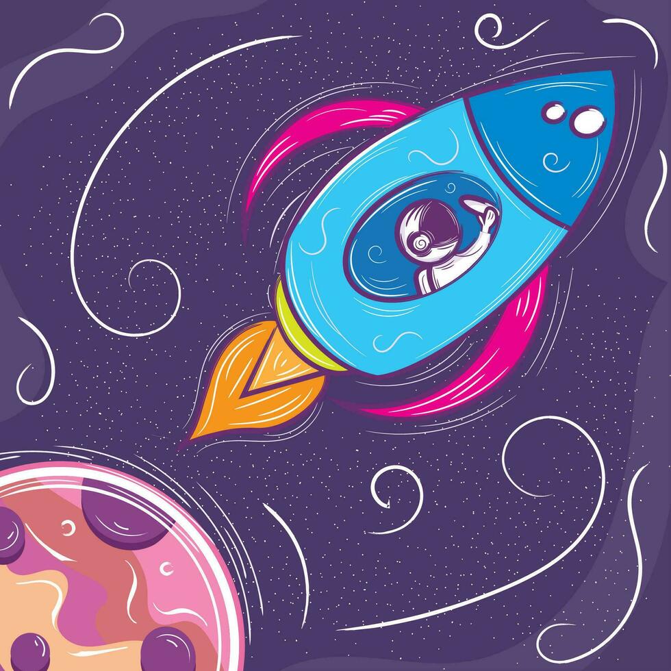 Cute chalkboard sketch of a rocket and a planet Vector illustration